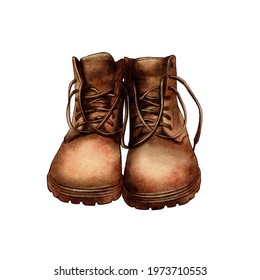 Watercolor Vintage Boots, Hiking Boots, Travel, Adventure