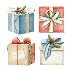 Watercolor Vintage Seе With Boxes Of Christmas Gifts Isolated On White Background. Hand Drawn Illustration Sketch