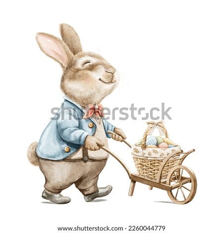 Watercolor vintage boy bunny rabbit in suit carrying cart with basket of Easter eggs isolated on white background. Watercolor hand drawn illustration sketch