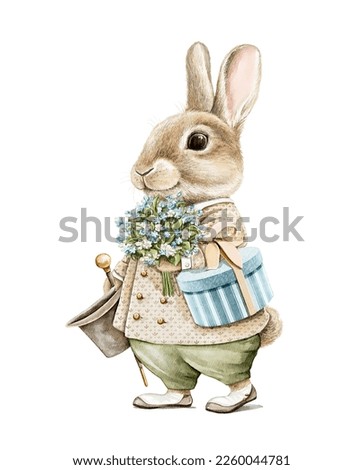 Watercolor vintage boy Easter bunny rabbit in suit holding bouquet of flowers and gift box isolated on white background. Watercolor hand drawn illustration sketch