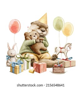 Watercolor vintage brown otter animal sitting in pants and sweater among many gifts and hugging teddy bear isolated on white background. Hand drawn illustration sketch - Powered by Shutterstock