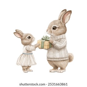 Watercolor vintage Christmas composition with daddy rabbit gives gift box to his daughter animals family in clothes isolated on white background. Hand drawn illustration sketch - Powered by Shutterstock