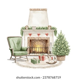 Watercolor vintage Christmas composition with lit fireplace, armchair, Christmas tree, gift boxes and present toy isolated on white background. Hand drawn illustration sketch - Powered by Shutterstock