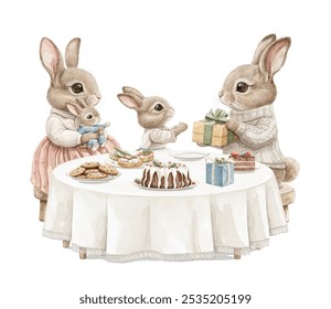 Watercolor vintage composition card with family of rabbits animals in clothes celebrating birthday at Christmas, table with food isolated on white background. Hand drawn illustration sketch - Powered by Shutterstock