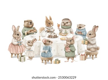 Watercolor vintage composition with Christmas party for many different animals in clothes around a table with food isolated on white background. Hand drawn illustration sketch - Powered by Shutterstock