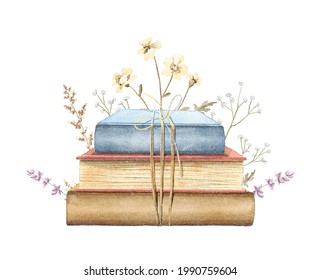 Watercolor vintage composition with old stack of closed books in different colors with meadow dried flowers isolated on white background. Hand drawn illustration sketch