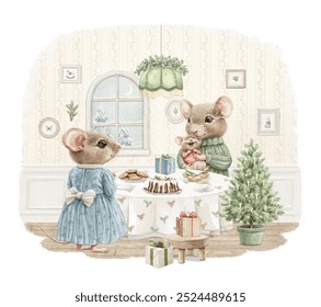 Watercolor vintage composition of room with Christmas party for mouse family animals in clothes around a table with food. Hand drawn illustration sketch - Powered by Shutterstock