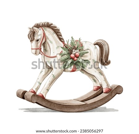Watercolor vintage  cute Christmas toy rocking horse animal isolated on white background. Hand drawn illustration sketch