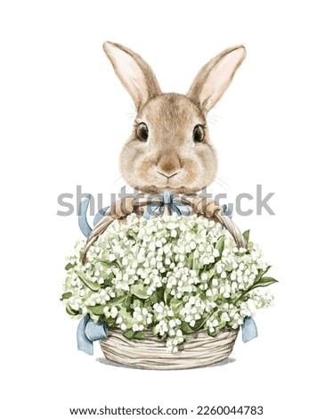 Watercolor vintage Easter bunny rabbit holding bouquet of flowers lilies of the valley in wicker basket isolated on white background. Watercolor hand drawn illustration sketch