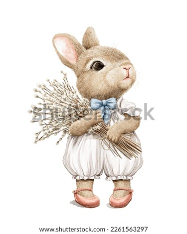 Watercolor vintage Easter little bunny rabbit holding bouquet with willows isolated on white background. Watercolor hand drawn illustration sketch