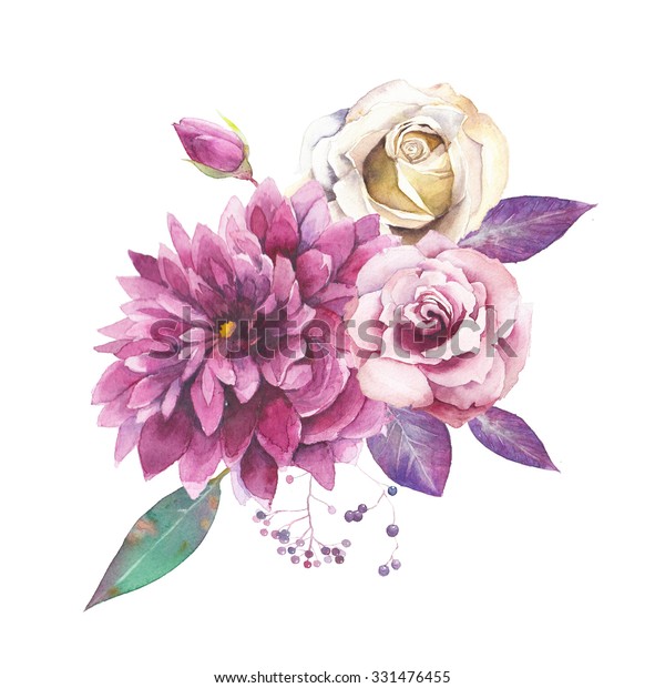 水彩ビンテージ花柄組成 白い背景に紫とピンクのブーケと 多肉質の花 枝 葉 ベリー 花 バラ ダリア 芸術的な自然デザイン のイラスト素材