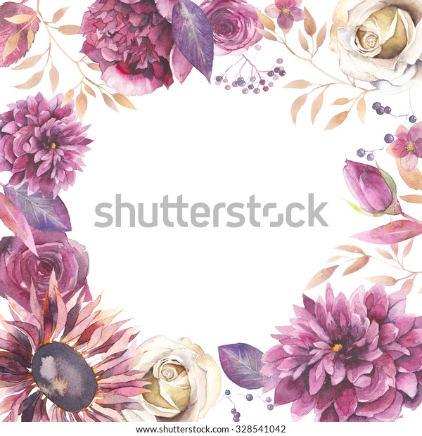 水彩ビンテージ花柄のフレーム 花 枝 葉のあいさつ文の背景 白い背景にペオニー バラ ダリア ヘルボア 芸術的な自然デザイン のイラスト素材