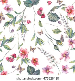 Watercolor vintage floral seamless background with pink wildflowers and butterflies, natural botanical watercolor illustration