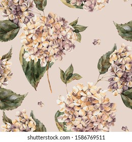 Watercolor Vintage Floral Seamless Pattern with Blooming White Hydrangea, Watercolor botanical natural hydrangea texture on beige background. 
