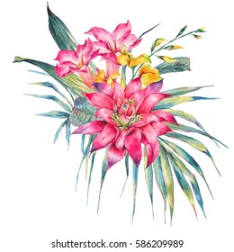 Watercolor Vintage Floral Tropical Greeting Card. Exotic Flowers, Bird Of Paradise, Twigs And Leaves. Botanical Bright Classic Illustration Isolated On White Background. 
