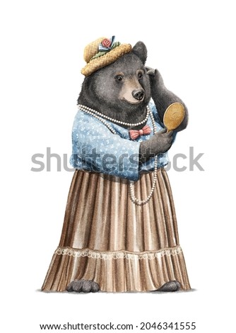 Watercolor vintage girl black bear in dress holding and looks in the little mirror isolated on white background. Hand drawn illustration sketch