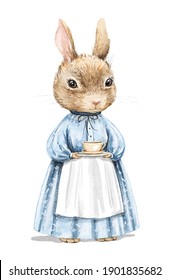 Watercolor vintage girl bunny rabbit in blue dress holding saucer and cup of tea isolated on white background. Watercolor hand drawn illustration sketch