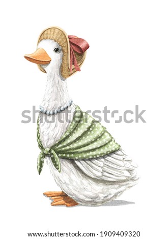 Watercolor vintage girl goose in green scarf, beads and hat isolated on white background. Watercolor hand drawn illustration sketch