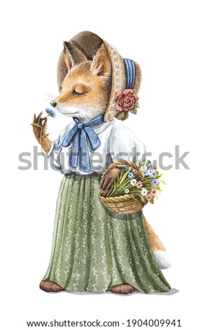 Watercolor vintage girl redhead fox in skirt, blouse and hat  holding floral basket and sniffs flower 
isolated on white background. Watercolor hand drawn illustration sketch