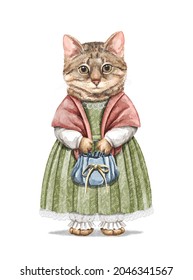 Watercolor Vintage Girl Striped Domestic Kitten In Dress Holding Little Handbag Isolated On White Background. Hand Drawn Illustration Sketch