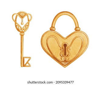 Watercolor Vintage Gold Key And Heart Shaped Lock With Patterns. Retro, Antique Padlock Hand Painted Illustration. Artistic Isolated Clipart. Love, Romantic Design Element For Wedding, Valentine's Day