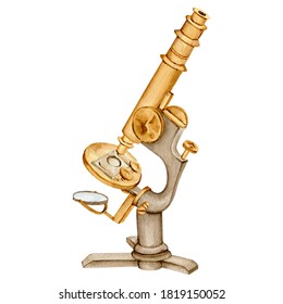 Watercolor Vintage Gold Microscope Illustration. High Quality Medical Equipment Illustration