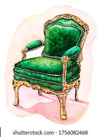 Watercolor vintage green baroque armchair. Retro velvet chair. Hand-drawn sketch. Colorful drawings. For cards, logo, print, book, interior design. Antique upholstered furniture. Gold soft throne.