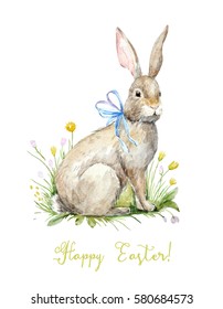 Watercolor Vintage Greeting Card. Bunny Sitting In Flowers. Happy Easter