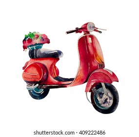 Watercolor Vintage Hippie Travel Scooter,  Isolated On White Background. Retro Beach  Rome Summer Illustration. Watercolour Vehicle. Used As Postcard, Invitation & Poster.