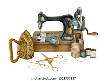 Watercolor vintage illustration of sewing studio equipment