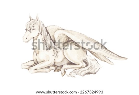 Watercolor vintage illustrations with White Pegasus lay down to rest. Isolated on white background. Hand drawn illustrations. For invitations, greeting cards, prints, posters, stickers, packaging