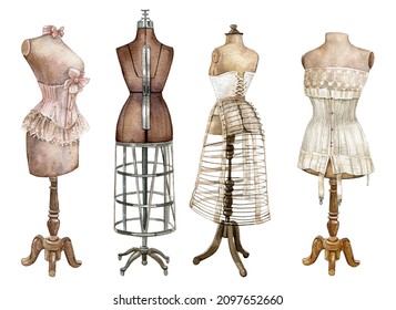 Watercolor vintage mannequin collection,Sewing studio logo,retro fashion,Dressmaking Mannequin for bridal shower,Tailors Logo creator - Powered by Shutterstock