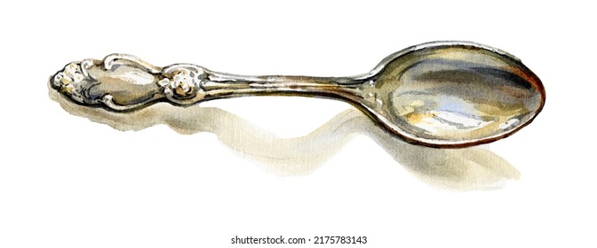 Watercolor Vintage Metal Spoon On White Background.