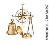 watercolor vintage navigation metal compass, rose wing, naval equipment, brown grunge metal sextant and nautical divider, ship bell, travelers tool isolated on white, for adventures illustrations