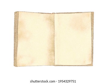 Watercolor vintage old open book with blank pages isolated on white background. Hand drawn illustration sketch