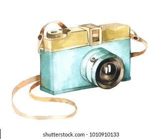 Watercolor vintage photo camera on white background. Retro film camera. Passion for photography. Watercolor illustration, clip art perfect for logo