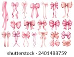 Watercolor vintage pink ribbons and bows Valentines day illustration