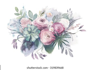 Watercolor Vintage And Rustic Wedding Style Bouquet.  Hand Painted Floral Posy With Anemone, Succulent, Roses, Ranunculus, Leaves, Herbs And Branches. Illustration Isolated On White Background 
