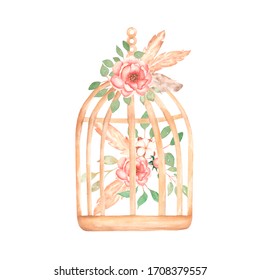Watercolor vintage rusty cage with peony, feathers, cotton and green leaves bouquet. Retro flowers illustration, cage clipart. Garden decoration, wedding, mother day, birthday card.