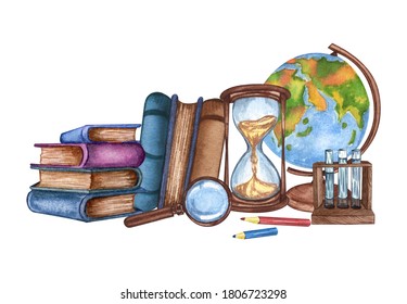 Watercolor Vintage Science Equipment Of Globe, Microscope, Books. Hand Drawn Illustration. School Set.