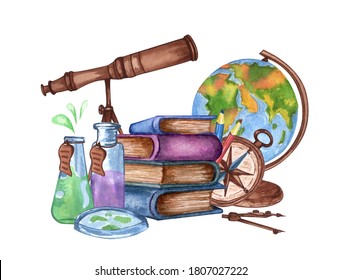 Watercolor Vintage Science Equipment Of Globe, Microscope, Books, Telescope, Compass. Hand Drawn Illustration. School Set.