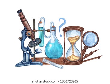 Watercolor Vintage Science Equipment Of Microscope, Magnifying Glass, Hourglass, Laboratory Tools. Hand Drawn Illustration. School Set.