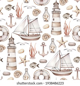 Watercolor Vintage Sea Pattern.Old Ship, Lifebuoy, Lighthouse, Bottle, Seagull, Fish, Anchor, Shell.Ocean Wallpaper,monochrome Colors