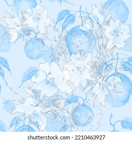 Watercolor, Vintage, Seamless Pattern - Blue Plum. Sprig Plums Hand Drawing, Watercolor. Plum Branch On Isolated Background. Seamless Pattern Of Watercolor Plums. Prunes.Floral Print. Chamomile, Aster