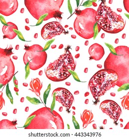  Watercolor, vintage seamless pattern - fruit ripe pomegranate. Vintage drawing of fruits, stones, tropical flowers, plants and leaves. Fashionable pattern of red color.