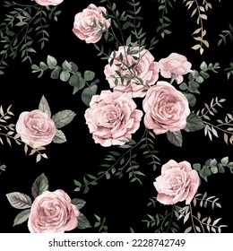 Watercolor vintage seamless pattern with pink roses and leaves for summer textiles of women is dresses and clothes in natural shades - Powered by Shutterstock