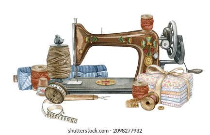 Watercolor vintage sewing composition, sewing machine,needle spool,measuring type, fabric, button.Sewing studio logo, retro fashion, Dressmaking collection, Tailors Logo creator