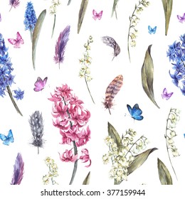 Watercolor Vintage Spring Seamless Pattern with Feathers, Butterflies Hyacinths and Lily of the Valley, feathers, botanical watercolor illustration.
