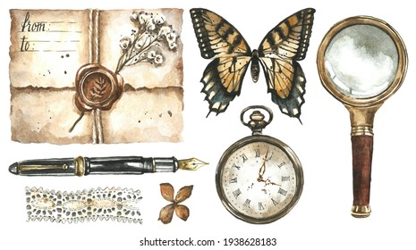 Watercolor Vintage Stationery Collection Of Elements - Envelope, Wax Seal, Pocket Watch, Butterfly, Fountain Pen, Lace Ribbon, Dry Flowers, Magnifying Glass Lens. Hand Drawn Antique Objects Isolated.