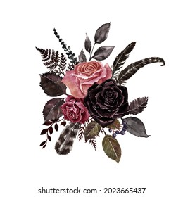 Watercolor vintage style roses arrangement with black foliage and crow feathers, isolated on white background. Victorian gothic flowers. Wedding invitation design.